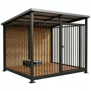 Monumentalny kojec dla psa Evolaser o wymiarach 4x4 m (16m2). Konstrukcja stalowa Heavy Duty, czarne rurki fi 18mm, zabudowa z naturalnego drewna i dach z blachy trapezowej.
