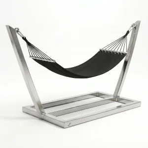 Ekskluzywny stelaż do hamaka OASIS INOX wykonany z polerowanej stali kwasoodpornej. Solidna, ręcznie spawana konstrukcja premium marki Evolaser na czystym białym tle.